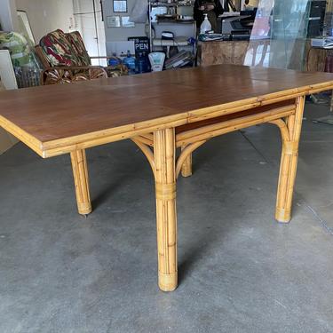 Mid Century Rattan and Mahogany Expandable Dining Table w/ Leaves 