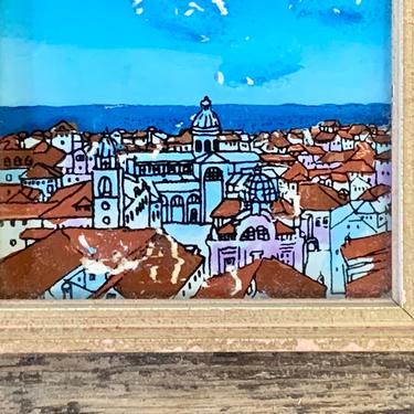 Small Vintage Painting on Glass | Mediterranean Art | Small Square Painting | Bathroom Art | Kitchen Art | Small Framed Art 