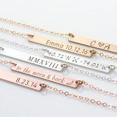 Roman Numeral Necklace, Wedding Date Necklace, Children Name Jewelry, Name Bar Necklace, Personalized Skinny Necklace, Personalized Gift 