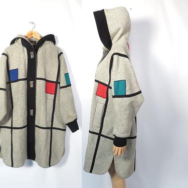 Vintage 80s Mondrian Colorblock Oversized Turn Lock Fastened Hooded Wool Winter Coat Size Up To XL 