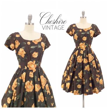 RESERVED for LEA /// 50s Yellow Rose Print Dress / 1950s Vintage Novelty Print Sun Summer Day Dress / Medium / Size 8 