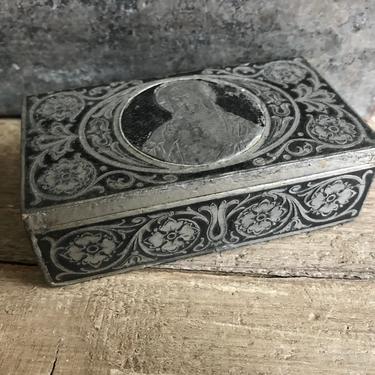 French Inlay Pewter Box, Artistic, Religious, Travel Jewelry Trinket Pill Stamp 