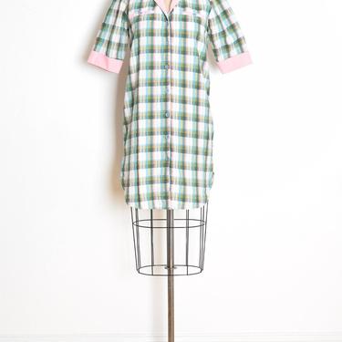 vintage 60s dress pink plaid madras print shirt dress pastel clothing S M 