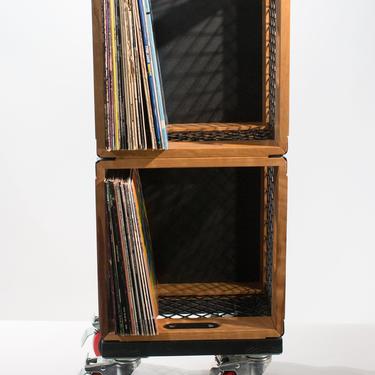 Handmade Modular Record Storage Cart, North American Wood & Steel Crates on Base w/ Industrial Locking Casters 