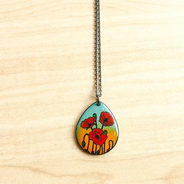 Enamel Pendant with Poppies Necklace
