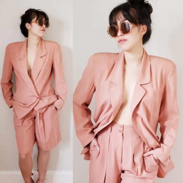 1990s Salmon Pink Silk Blazer Dressy Short Suit / 90s Two Piece Ensemble I Magnin Pretty Woman Outfit / L / Roberta 
