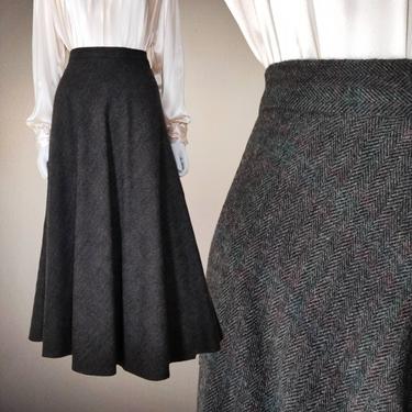 Vintage Long Wool Skirt, Small / Ralph Lauren Flared Walking Skirt / Brown Herringbone Wool Day Skirt / Full Tea Length Skirt with Pockets 