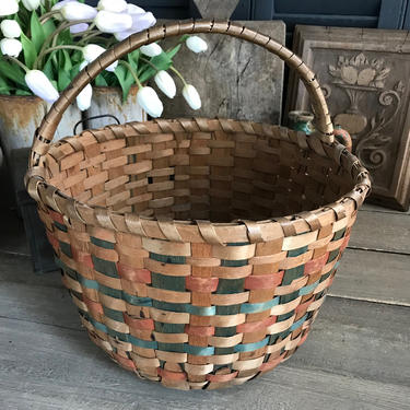 Rustic Willow Gathering Basket, Wicker, Bentwood Handle, Slat Basket, Multi Color, Wood Handle, Farmhouse, Garden Flower Easter Basket by JansVintageStuff