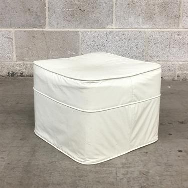 Vintage Ottoman Retro 1970s White Vinyl + Cushioned Footstool + Square Shape + Extra Seating + Modern and Contemporary Home Decor 