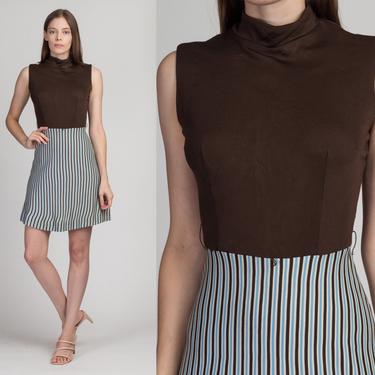 60s Mod Brown & Blue Striped Mini Dress - Small | Vintage A Line Mockneck Retro Babydoll Minidress 
