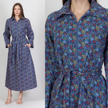 60s Calico Floral Quilted Robe - Medium | Vintage Blue Maxi Long Loungewear Housecoat 