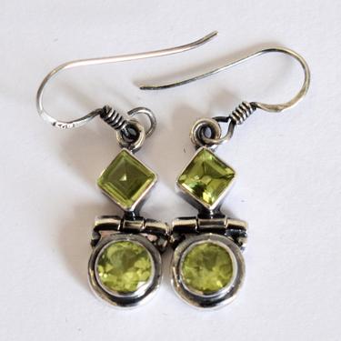 Edgy 60's sterling peridot hinged Modernist dangles, handsome 925 silver square &amp; round green olivine geometric bling earrings 