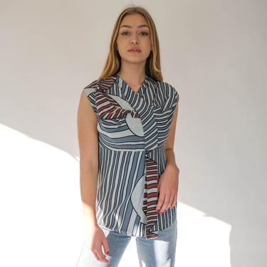 Vintage MARNI Avant Garde Gray, Black, Taupe & Amber Striped Sleeveless Silk Rouge Blouse | Made in Italy | 2000s Y2K Italian Designer Top 