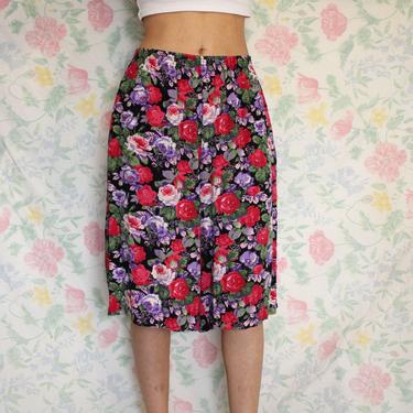 Vintage 80s Floral Shorts, Flowy Bermudas in Black, Purple and Pink Elastic Waist, Size Small 