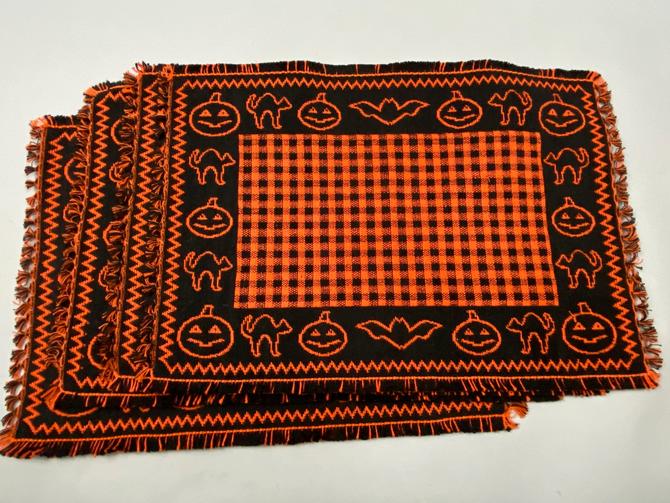 Vintage Halloween Tapestry Placemats Set of 4 Reversible Black Cats 
