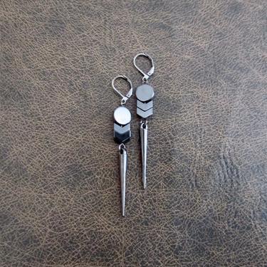 Gunmetal earrings, hematite modern earrings, goth earrings, long spike earrings, gray geometric earrings, unique abstract steampunk earring4 