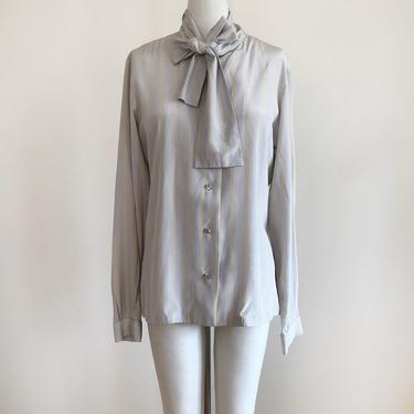 Pale Grey and Yellow Striped Silk Blouse with Tie - 1980s 