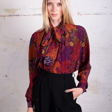 Vintage Alan Austin 1970s Italian Silk Floral + Patchwork Pussy Bow Blouse with Bishop Sleeves Mixed Print Polka Dot 70s 