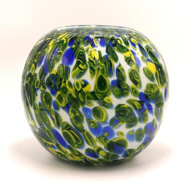 vintage art glass vase in blue green and yellow/round vase 