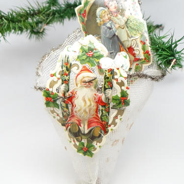 Early 1900's Victorian Die Cut Santa and Tinsel Cornucopia Candy Container, Christmas Scrap Ornament 