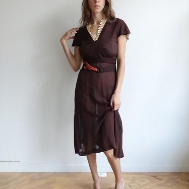 Vintage 30s Chocolate Brown Silk Dress/ 1930s Sheer Cap Sleeve Dress with belt/ Size XS 