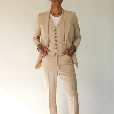 Vintage 70s Givenchy for Bullocks Wilshire Light Beige Cream Three Piece Wool Gabardine Suit | Made in USA | 1970s French  Designer Suit 
