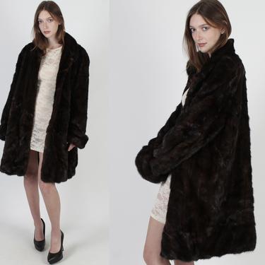 Vintage 80s Mahogany Mink Real Fur Coat Shawl Collar Elegant Natural Dark Jacket Oversized XL XXL 