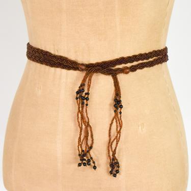 1970s Brown Beaded Tassel Belt | 70s Brown Beads Woven Belt 