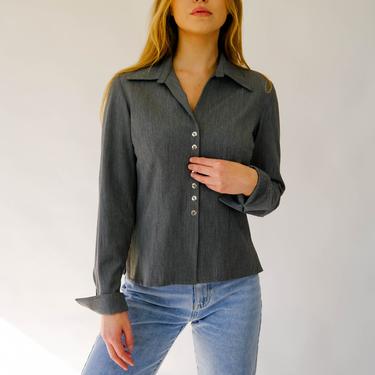 Vintage 90s VERTIGO PARIS Heather Gray Structured French Cuff Blouse w/ Silver Logo Snap Buttons | Made in France | 1990s Designer Shirt 