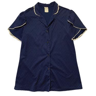 Vintage 1970s Women's Polka Dot Print Shirt ~ size M ~ Lace Collar / Flutter Sleeve Blouse ~ Calico 