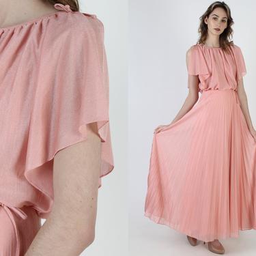 70s Blush Pink Grecian Disco Dress / Split Sleeve Sweeping Long Pleated Skirt / Loose Split Sleeves / Womens Cocktail Party Maxi Dress 