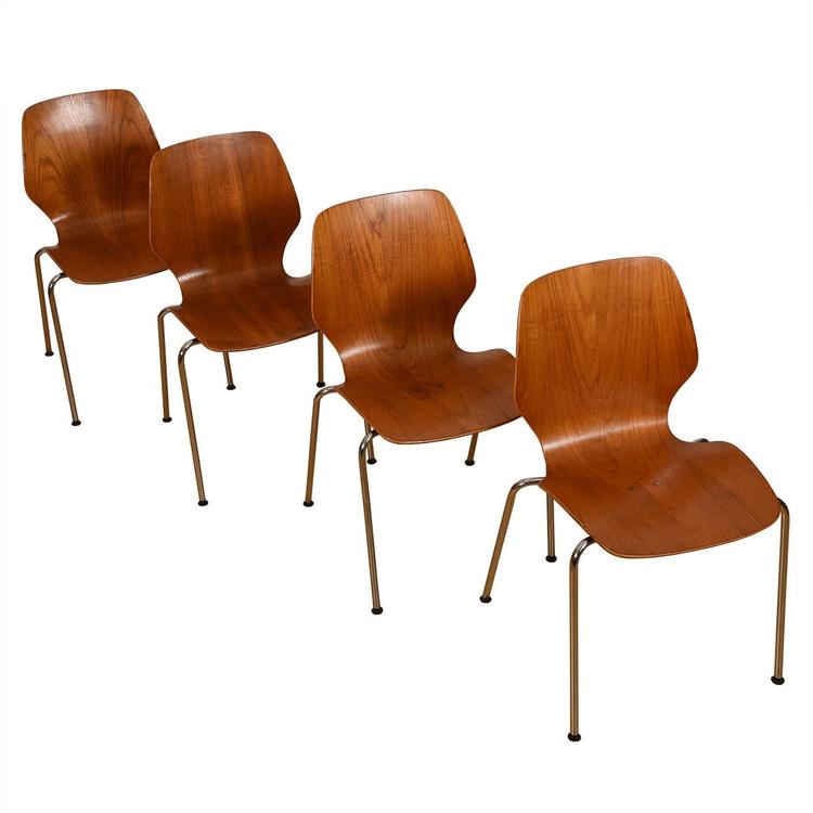 Set of 4 Stacking Modern Bentwood Teak + Chrome Leg Dining Chairs