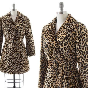 Vintage 1960s 1970s Coat | 60s 70s Leopard Print Faux Fur Quilted Lining Belted Pea Coat Winter Jacket (small/medium) 