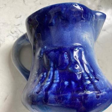 Vintage Beautiful Cobalt Blue Dripping Hand Painted Hand Glazed Pottery Creamer, Antique Embossed Cow in The Field Bright Blue Heavy Creamer by LeChalet
