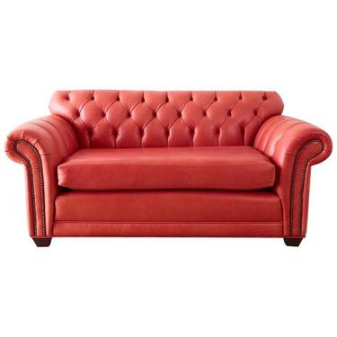 Coral Red Leather Tufted Chesterfield Sofa Settee by ErinLaneEstate