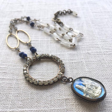 Cathedral of Industry [assemblage necklace: vintage pressed glass, vintage rhinestone, brass, lapis, moonstone, labradorite] 