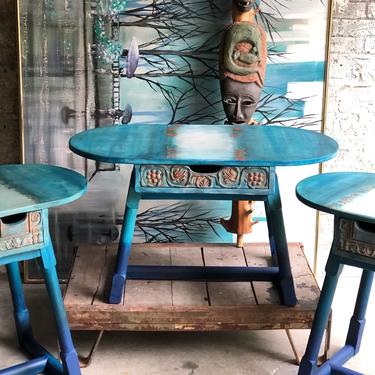SOLD Hand Painted Carved Side Coffee Tables - Bohemian Vintage Side Tables - Unusual Vintage Carved Side - Coffee Table - Rustic Farmhouse 