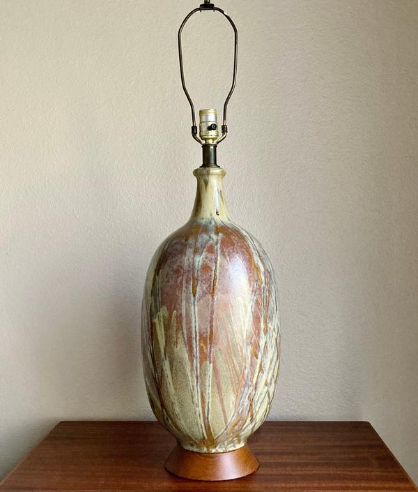 Vintage Lee Rosen Design-Technics Earthtone Drip Glaze Pottery Lamp MCM 1950s 