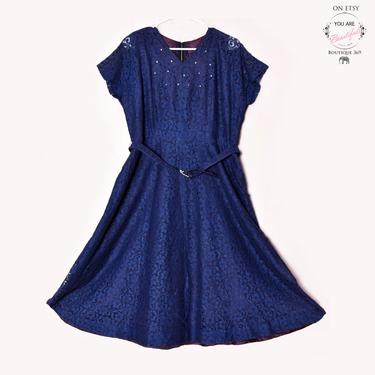 PLUS SIZED Vintage Blue Lace Dress 1940's, 1950's, Rhinestones Full Skirt Mid Century Art Deco Size Large, XL, Evening Party Dress 