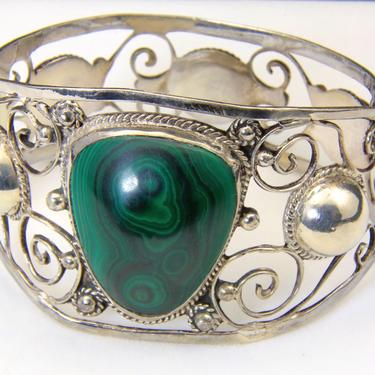Vintage Taxco Huge Malachite & Sterling Hinged Bracelet Bubble Scroll Mexico 