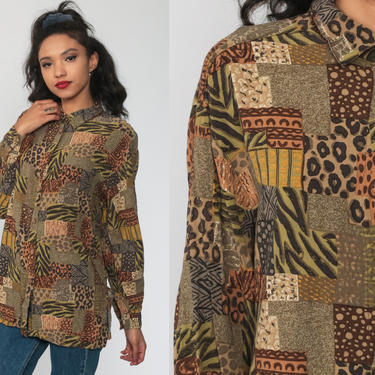 Safari Shirt Jungle Animal LEOPARD Print Cheetah 90s Top Leaf Africa Print Blouse 80s Button Up Long Sleeve Patchwork Large 