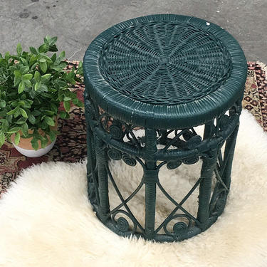Vintage Plant Stand Retro 1980s Bohemian + Wicker + Green + Cylinder Shape + Spiral Design + Side Table + Plant Display + Boho Home Decor 