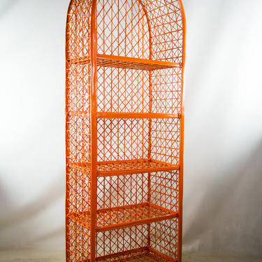 1960's Mid Century Modern Orange Faux Wicker Arched Shelf Display and Bookcase 