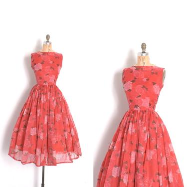 Vintage 1950s Dress / 50s Jerry Gilden Spectator Rose Print Dress / Red ( small S ) 