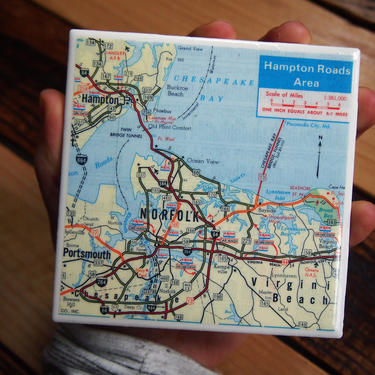 1976 Norfolk Virginia Handmade Repurposed Vintage Map Coaster - Ceramic Tile - Repurposed 1970s Exxon Road Map- Hampton Roads Virginia Beach 