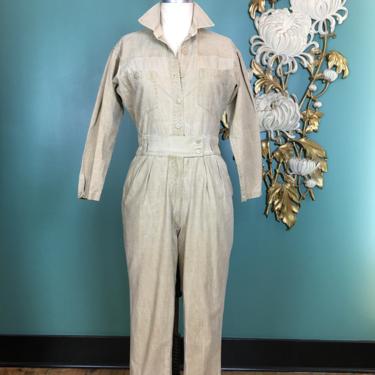 1980s jumpsuit, khaki cotton, vintage 80s jumpsuit, safari style, size small, terramar dress roots, menswear style, 27 waist, workwear 