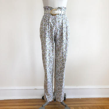 White Ditsy Floral Print Paperbag Pants - 1980s 