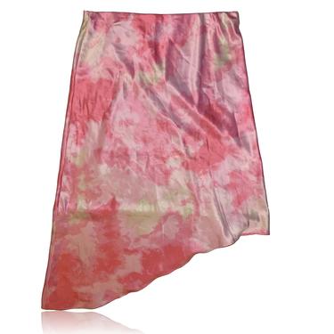 90s Satin Cloud Print Pink Cream Clouds Angled Midi Skirt // Candies // Large 