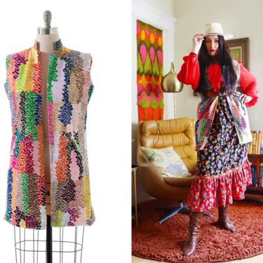 Vintage 1970s Duster Vest | 70s Embroidered COAT of MANY COLORS Rainbow Polka Dot Patchwork Long Boho Jacket (small/medium) 