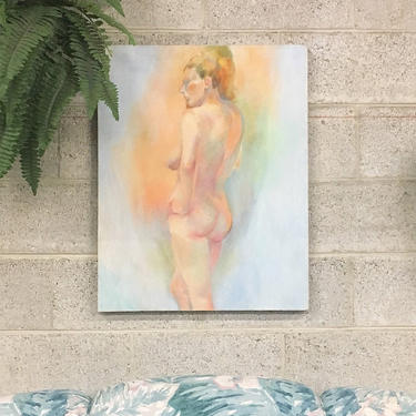 Vintage Nude Painting 1970s Retro Size 22x28 Blonde Naked Woman Standing + Acrylic Pastel Paint on Canvas by the Artist Abel 
